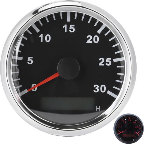 Capteur de tachymètre marin de 85 mm/3,3 pouces, indice de protection IP67, tachymètre 12 V/24 V, LED rouge, écran LCD, compteur d'heures de service, 3000 tr/min, lunette argentée, cadran noir. (1/5)