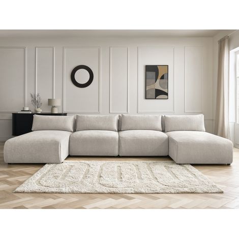 BOBOCHIC - Canapé panoramique fixe modulable avec têtières JANA tissu texturé avec 2 méridiennes et 2 chauffeuses   Beige (1/5)