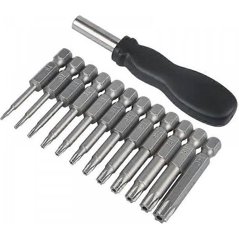 Kit de 12 embouts de tournevis Torx 1/4 pouce, hexagonaux T5-T40 et cruciformes, avec poignée incluse. (1/5)
