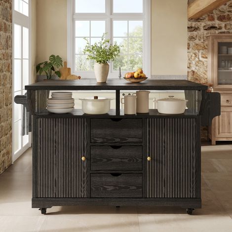 Desserte de cuisine mobile avec rallonges rabattables, tiroirs, plan de travail, roulettes verrouillables, hauteur 95 cm, noir 142,5×80×95cm (1/5)