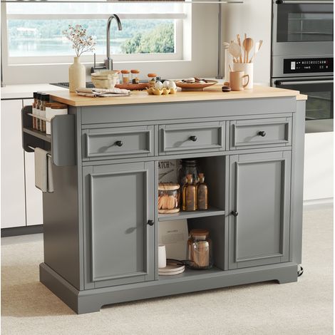 Isla de cocina 112-188x45x92 cm, encimera lateral extensible, 3 cajones y especiero, MDF gris (1/5)