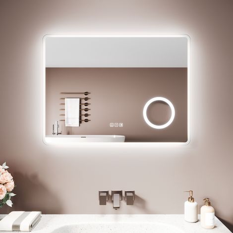 SIRHONA Miroir lumineux de salle de bain - Miroir Intelligent avec Anti-Buée, Gradation de Lumière, Loupe 3x et Prise Intégrée, 80x60 cm