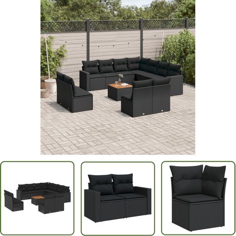 The Living Store Salon de jardin 12 pcs avec coussins noir résine tressée - Ensemble Salon De Jardin - Meuble Extérieur - Jardin Design - Mobilier De Jardin - Chaise Longue (1/5)