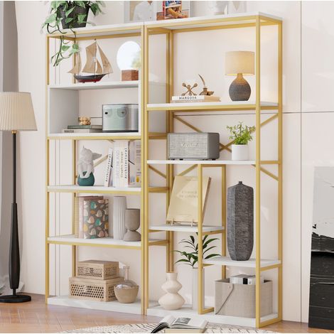 Librería 160 x 29,5 x 180 cm, tubo de acero y MDF, multinivel, dorado y blanco HAVRYA (1/5)