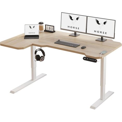 Bureau assis debout électrique réglable en hauteur forme L 150 cm – Cadre acier double paroi – Surface chêne/blanc – Moteur silencieux 50 dB