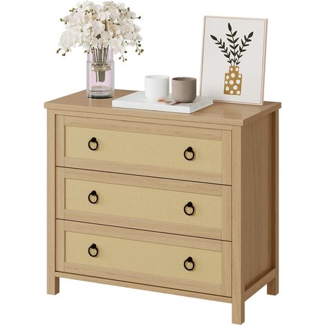 Commode en rotin naturel 3 tiroirs profonds 40x74x80 cm, anti-basculement, compatible robot aspirateur, pour chambre, salon et chambre enfant, coloris bois (1/5)