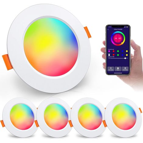 Spot LED Encastrable, 7W (équivalent 60W), Trou 70mm-85mm, Lot de 4 RGBW=16 Millions Couleurs+Blanc Chaud, Bluetooth, IP44, 700lm, Synchronisation Rythme Musical,Mode Minuterie,Fonction Mémoire (1/5)