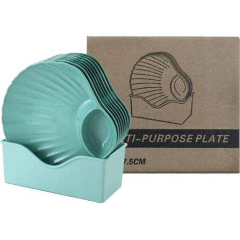 Ensemble de 8 assiettes plates en forme de coquillage, réutilisables, de style japonais, avec compartiment pour trempette, idéales pour les apéritifs, les desserts et les réceptions. Couleur verte. (1/5)