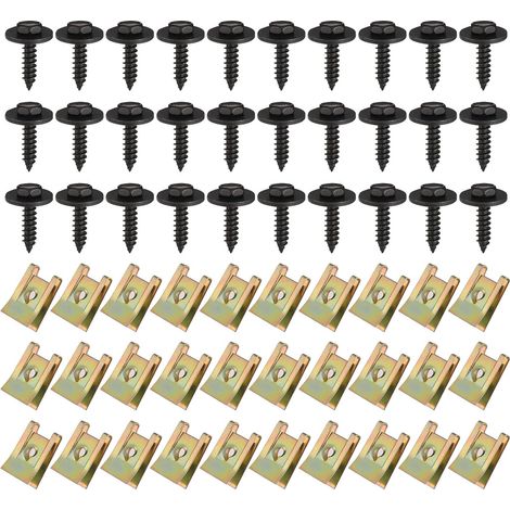 Sollbry 30 Jeux de Vis et d'Ecrous, Vis de Carrosserie pour Ailes de Voitures, Clip de Fixation en Métal en Forme de U avec Vis Autotaraudeuse à Tête Hexagonale, Fixation pour Enjoliveurs de Roues Noi (1/5)