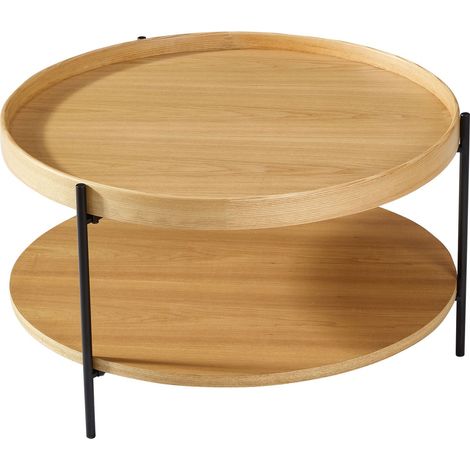 Table basse ronde à plateau à 2 niveaux, en bois massif et métal, en 3 couleurs: frêne naturel / noyer / noir, combinable avec la table d'appoint assortie, montage facile, 69x69x38 cm
