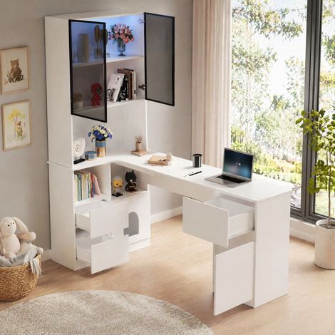 Eckschreibtisch mit Regal und LED-Vitrine 120x80x180 OKMYHOME (1/5)