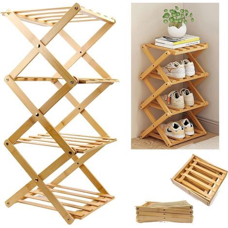 Étagère à Chaussures, Meuble à Chaussures 4 Niveaux, étagère Pliante Multifonction, Couleur Bois, pour Entrée, Placard, Chambre à Coucher, Couloir, Fonctionnel Etagere Chaussure (1/5)