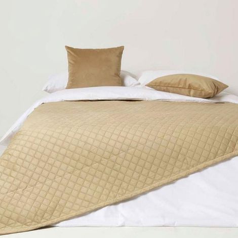 HOMESCAPES Diamond Quilted Beige Velvet Throw