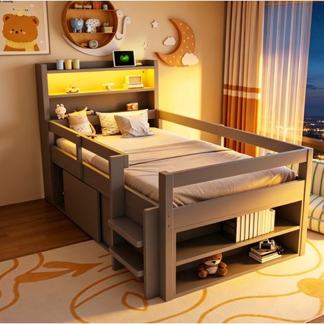 Cama semialta 90x200 cm - Con cabecero con almacenajes - Con LED, USB y toma luz nocturna - En madera - Gris (1/5)