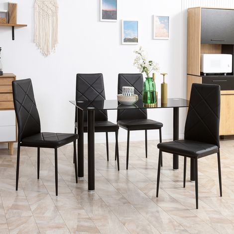Essgruppe mit 4 Stühlen, Tischplatte aus gehärtetem Glas, Stahlbeine, für Küche oder Wohnzimmer, schwarz