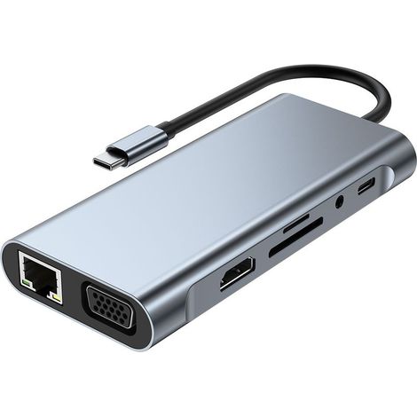 USB-C-Hub, 11-in-1 USB-C-Adapter mit 4K HDMI, VGA, USB 3.0, Typ-C PD, Ethernet RJ45, SD/TF-Kartenleser, 3,5-mm-AUX-Anschluss, kompatibel mit MacBook Pro/Air und weiteren Typ-C-Geräten (1/2)