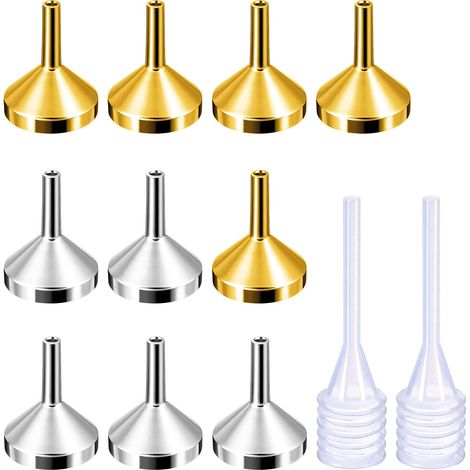 Lot de 10 entonnoirs métalliques petits avec 2 mini pipettes pour remplir petits flacons ou récipients, atomiseurs, parfums, liquides (argent et or). (1/5)