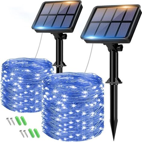 Solar Lichterkette Aussen, 2x8M 80 LED Solarlichterkette Außen Wetterfest 8 Modi IP65 Wasserdicht Kupferdraht Lichterkette Außen Solar Outdoor für Garten Terrasse Baum Hof Party (Blau) (1/5)