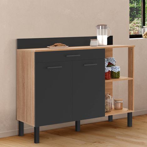 CINA 120 CM aparador de cocina bajo con encimera H.83 cm, 2 puertas + cajón, acabado haya y negro (1/5)