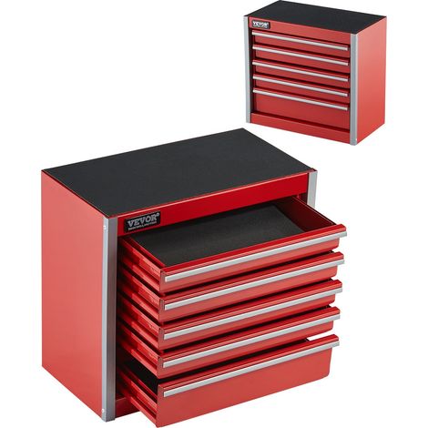 Boîte à Outils Métal, 218 mm, Caisse à Outils Acier Portable avec 5 Tiroirs, Petit Coffre Outillage, Doublure EVA, Patins PP, Ouverture à Roulement à Billes, Finition Revêtement en Poudre, Rouge (1/5)