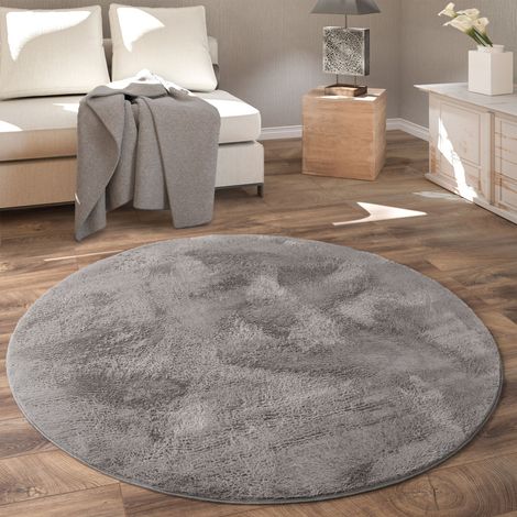 Paco Home Teppich Rund Fellteppich Kunstfell Plüsch Bettvorleger Shaggy Wohnzimmer Kinderzimmer Ø 120 cm Rund, Anthrazit