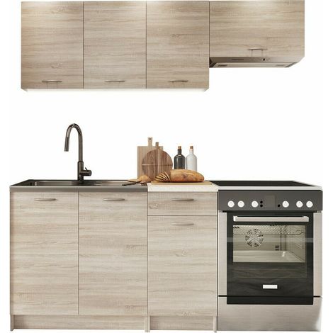 Cuisine complète Trenton 101, Sonoma chêne + Beige, 180x60cm, Plan de travail, Stratifié, LED (1/4)