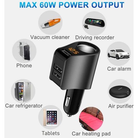 Chargeur Voiture - Adaptateur Allume-Cigare Multi-USB - 3 Ports USB - Voltmètre Intégré - 60 W - Pour GPS Enregistreur Aspirateur Réfrigérateur - 1 Pièce (1/5)