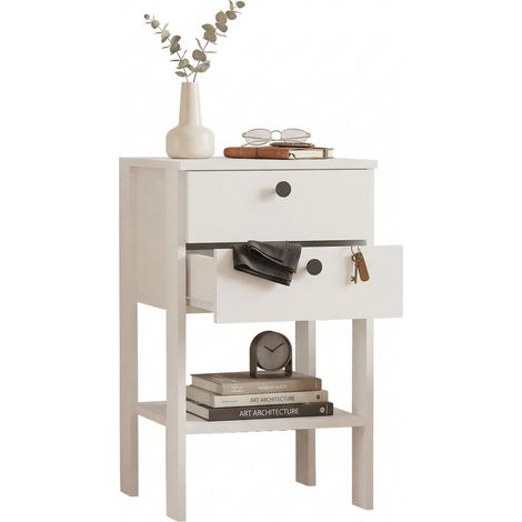 Comodino Sarmede, un Ripiano, 2 Cassetti, Apertura Scorrevole, 44x44x75h cm Bianco