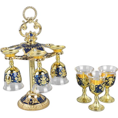 Lot de 6 calices chinois rétro en alliage de zinc et verre, décorés de motifs floraux en relief, pour fêtes, banquets, bars et réunions de famille (couleurs or et bleu). (1/5)
