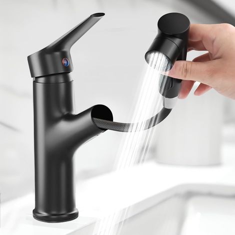 Bathroom Faucet with Extendable Spray, High Pressure Single Lever Mixer Tap with 3 Jet Types, Hot and Cold Mixer Tap Suitable for Bathroom (Black) (1/5)