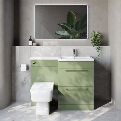 Napoli 460 Olive Green 1100mm 2 Drawer Vanity Unit Toilet Suite with Right Hand Square Lucia Basin - 1100mm - Chrome 320mm HandleWith Kingston Toilet Pan and Seat