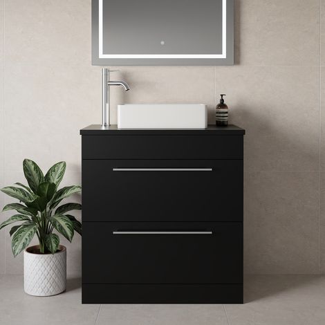 Napoli 390 Matt Black 800mm 2 Drawer Vanity Unit for Countertop Basins - 800mm - Chrome 480mm Handle