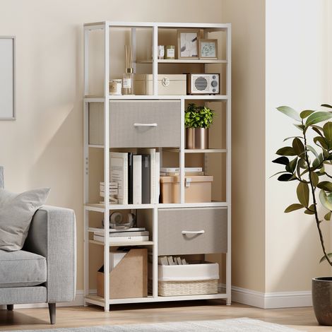 6-stufiges Bücherregal mit 2 Stoffschubladen und 9 offenen Fächern, 72,5 x 30 x 150 cm, weiß