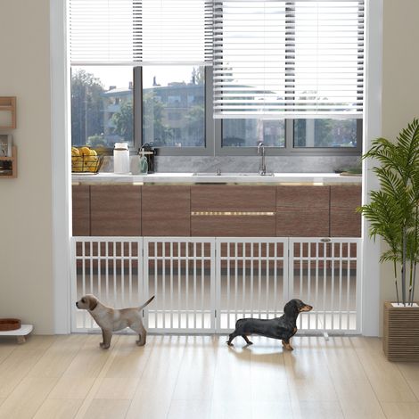 Cancelletto per cani, pieghevole e antiscivolo, con piedini di supporto girevoli, struttura in legno, 183x24,5x61 cm, bianco