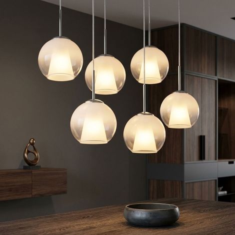 Lampada a sospensione a LED, lampada da sala da pranzo a 6 luci, cromata, vetro opalino, H 120 cm (1/5)