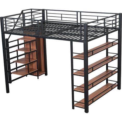 Lit mezzanine 140200, avec escalier de sécurité, espace de rangement et petite armoire, étagères, grand garde-corps, lit simple, lit ado, noir (1/5)
