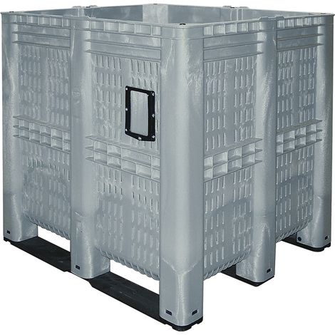 BRB Großbehälter mit 3 Kufen, LxBxH 1300x1150x1250 mm, Inhalt 1400 Liter, lebensmittelechtes PE-HD, Boden und Wändedurchbrochen, grau