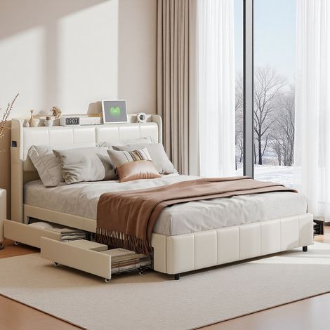 Lit Double 160 x 200 cm avec Tiroirs, Lit 2 Place Rembourré avec Ports USB, Tete de Lit avec Rangement, Sommier à Lattes, PU, Blanc (1/5)