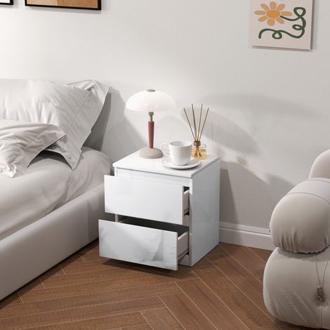 Comodino con 2 cassetti, ideale per camera da letto o soggiorno, 40x34x45 cm, bianco lucido. (1/5)