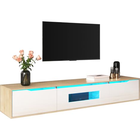 Mobile TV LED moderno bianco lucido con ante scanalate, luce integrata a 16 colori e 4 modalità, effetto legno chiaro per soggiorno contemporaneo CHICFURN (1/5)