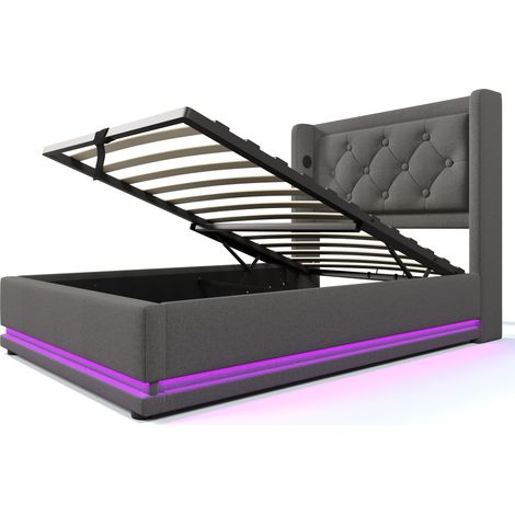 Letto contenitore capitonné 90 x 200 cm grigio con LED e porte USB Type-C, senza materasso (1/5)