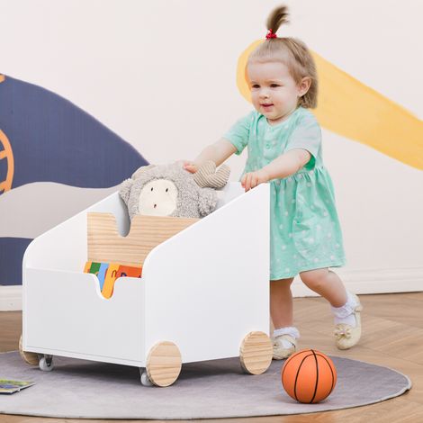 Coffre de rangement en bois pour jouets, 2 compartiments, avec roulettes et poignée, étagère à roulettes pour chambre d'enfant, 40 x 43 x 43 cm, blanc et naturel (1/5)