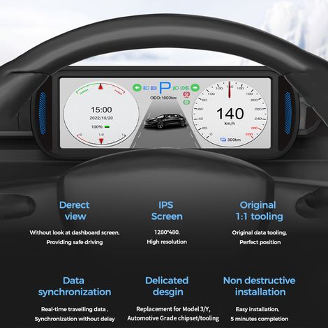 Display head-up di ricambio per Tesla /3 2019-2022, pannello strumenti LCD 1280x480, schermo IPS da 6,8 pollici, sincronizzazione della data.