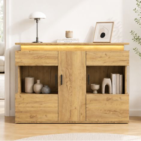 Modernes Sideboard 120 cm mit 16-Farben-LED, USB/USB-C, Glastüren, helle Eiche (1/5)