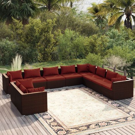 10-tlg. Garten-Lounge-Set mit Kissen Braun Poly Rattan (1/5)