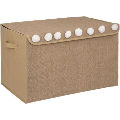 Atmosphera – Coffre de rangement enfant 57cm – Carton et jute – Marron – Pliable avec poignée – Design pompons décoratifs (1/5)