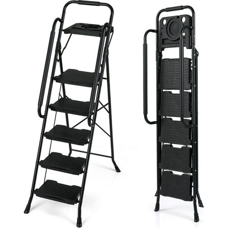 5-Step Ladder with Tool Tray and Wide Non-Slip Pedals, Portable Multi-Purpose Folding Ladder for Home, Black