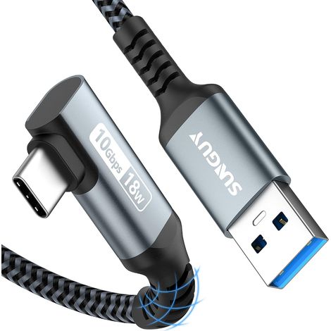 Câble USB C Coudé, 0.5M 10Gbps USB 3.1 Gen 2 Câble USB C vers USB, Type C Charge Rapide Compatible avec Android Auto, Galaxy S22, SSD, Huawei P30/P20, Xiaomi-Gris