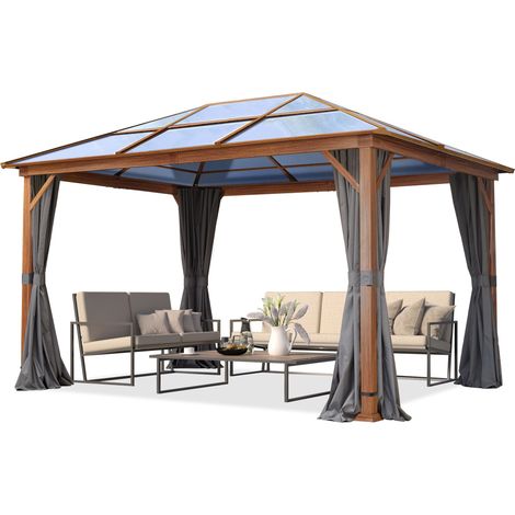 TOOLPORT Garden gazebo 3x4 m hardtop polycarbonate roof, wood finish, 4 side panels in grey (1/4)