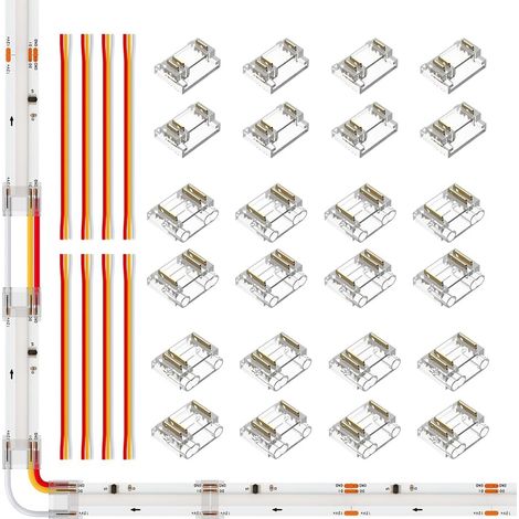 Lot de 24 connecteurs LED FCOB RGB IC à 3 broches 12 mm Transparent sans soudure Connecteur de câble + 8 câbles d'extension de 15 cm de long 22 AWG (1/5)